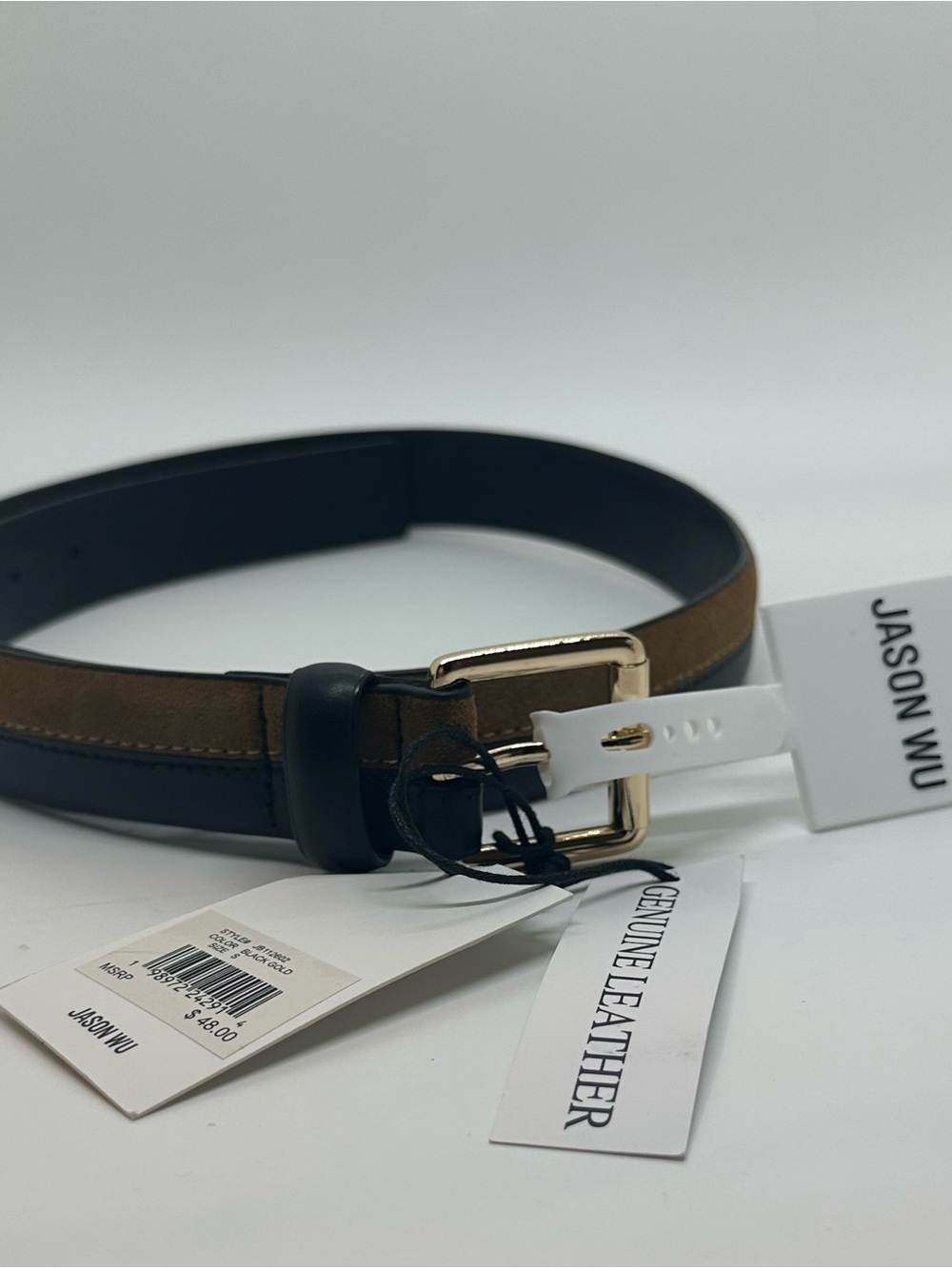 NWT Jason Wu Genuine Leather Black Brown Gold Buckle Belt Size S